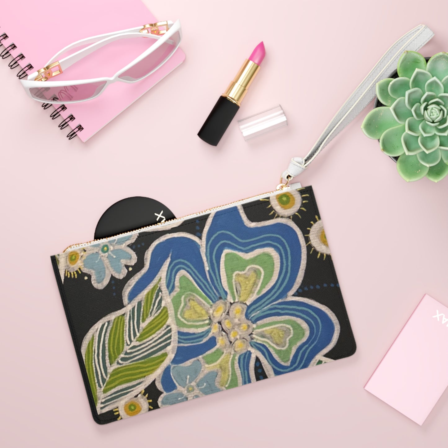 Floral Wristlet Clutch — Blue & Green Hand-Painted Flower Design