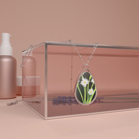 Daisy Oval Pendant Necklace — Silver Teardrop Floral Jewelry