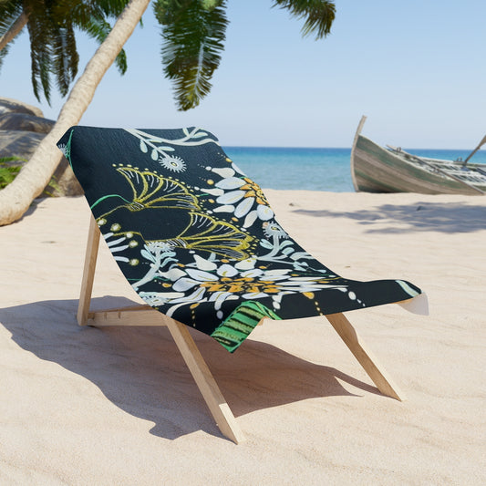 Golden Tangle Beach Towel — Dark Tropical Daisy Print