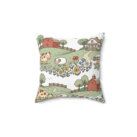 Country Farmhouse Decorative Pillow — Pastel Barn & Animals Square Cushion