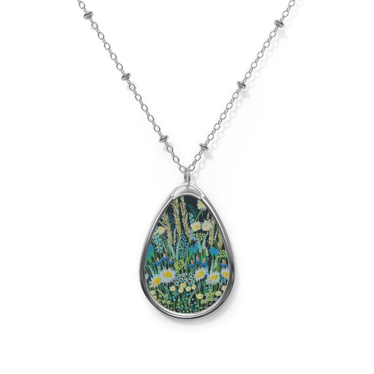 Blue hour bloom Oval Floral Pendant Necklace — Dainty Meadow Daisy Teardrop Jewelry