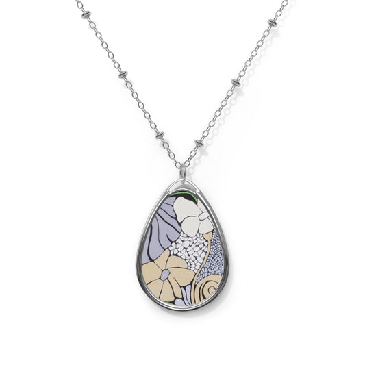 Stonepetal garden Abstract Floral Oval Pendant Necklace — Silver Teardrop Locket with Pastel Botanical Design