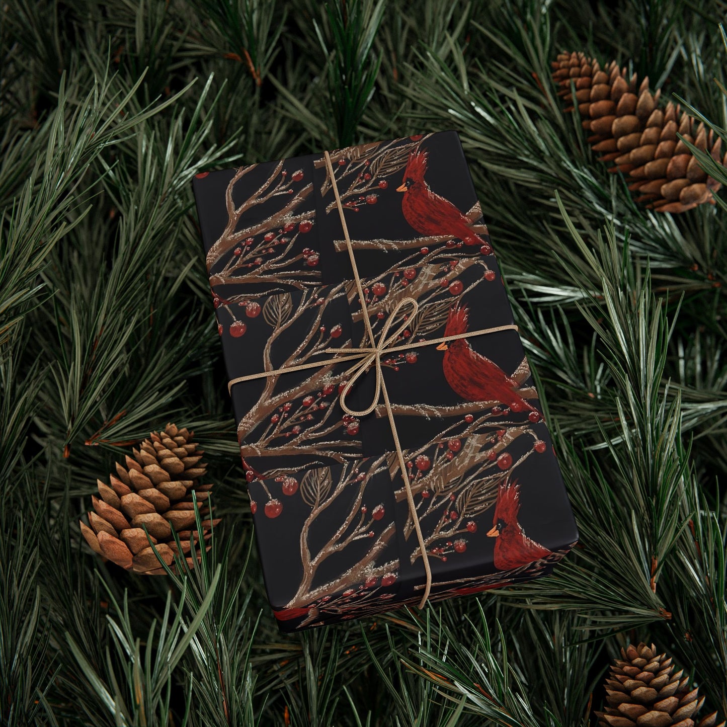 Botanical Cardinal Wrapping Paper – Dark Vintage Bird Pattern