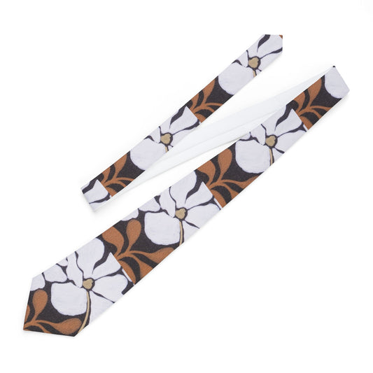 Floral Art Nouveau Necktie – White Magnolia Pattern on Brown Background