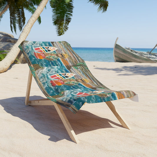 Sailboat Shore Beach Towel — Coastal Vintage Surfboard Pattern