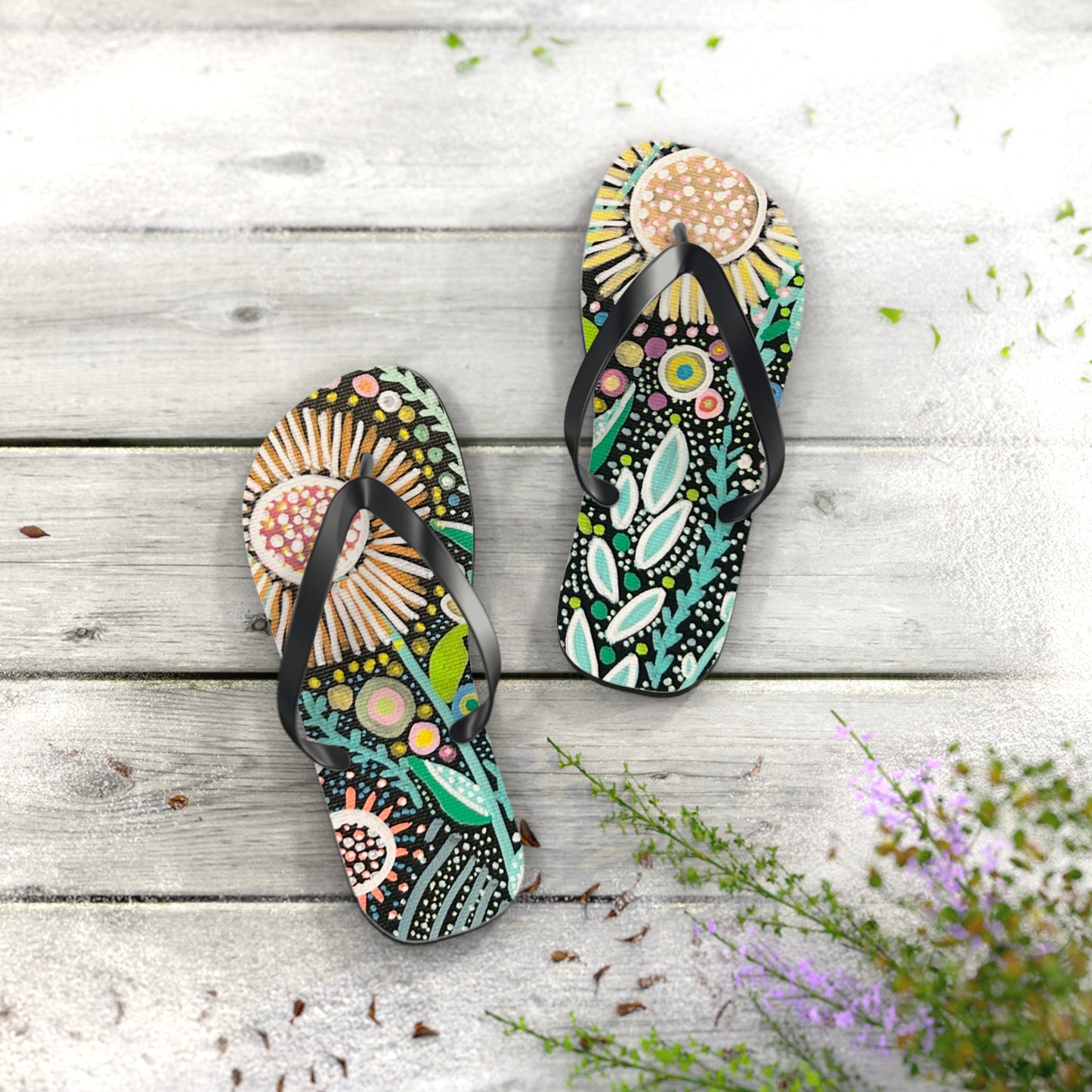 Dot Dot Bloom Flip Flops — Colorful Hand-Drawn Garden Sandals