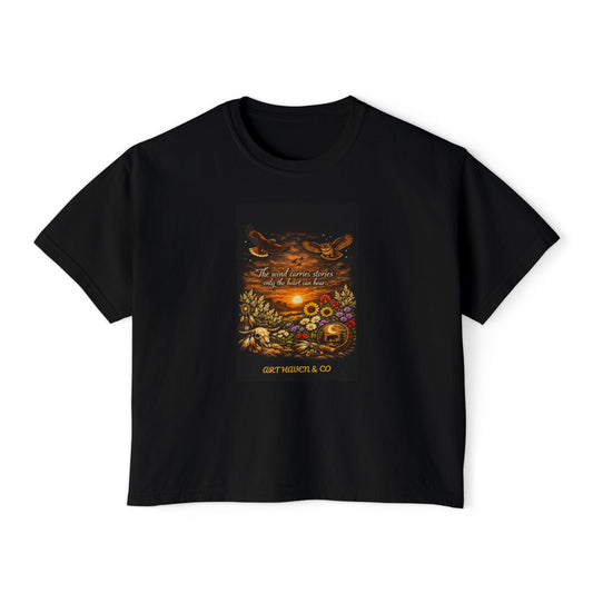 Autumn Sunset Floral Boxy Tee — Harvest Moon & Sunflower Graphic