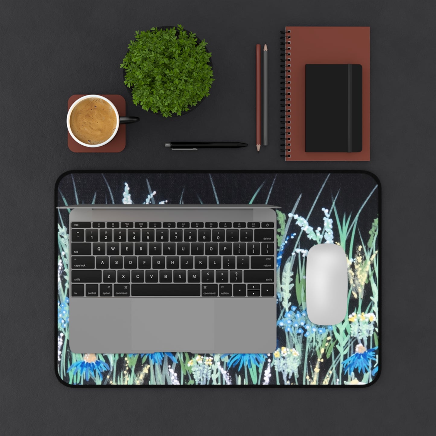 Blue Wildflower Desk Mat — Botanical Mousepad for Home Office & Study
