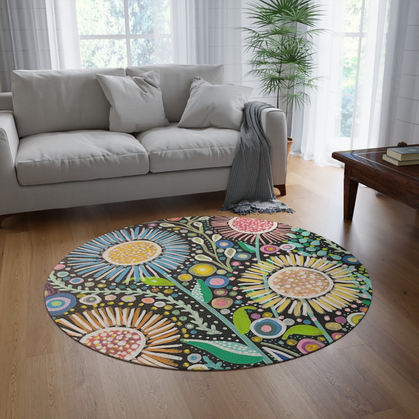 Boho Floral Round Rug — Colorful Hand-Drawn Daisies Accent Mat