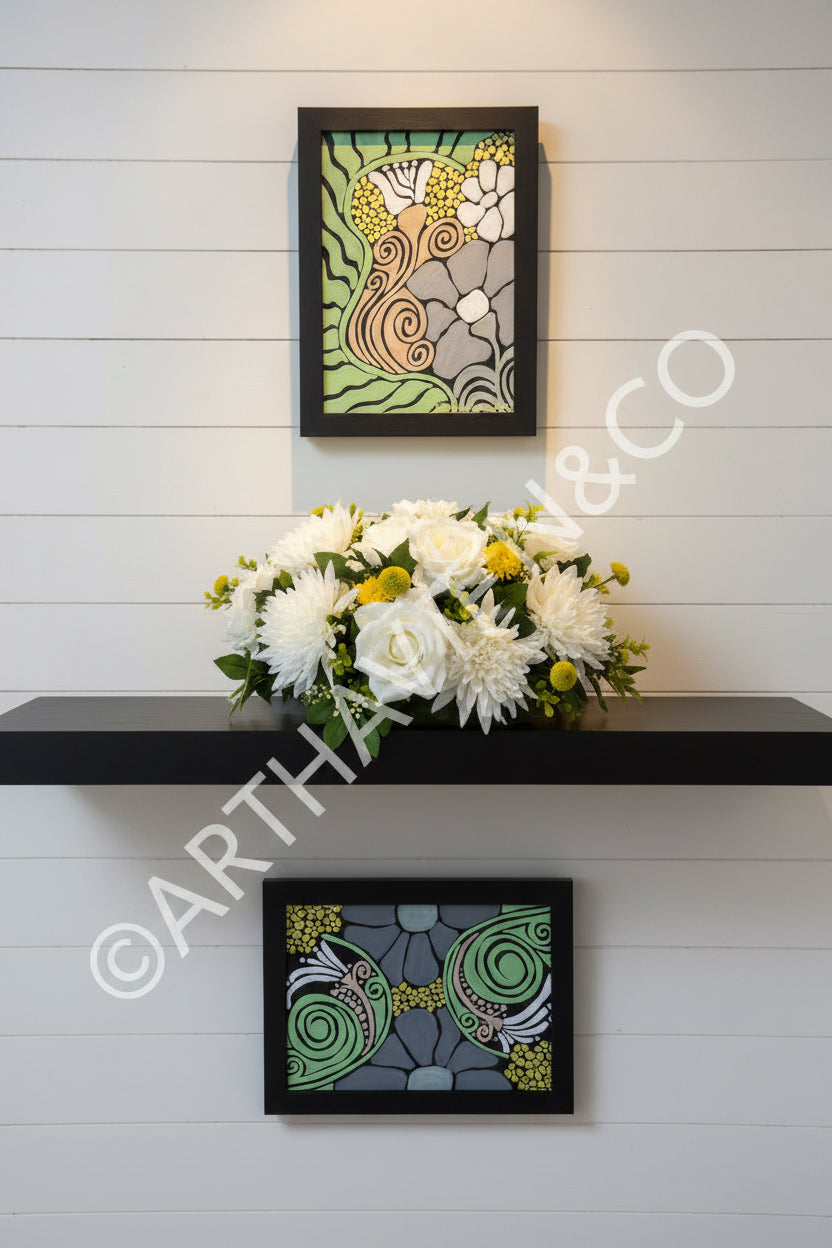Spirale
5×7 Original Acrylic on Black Canvas Board — Framed in Black