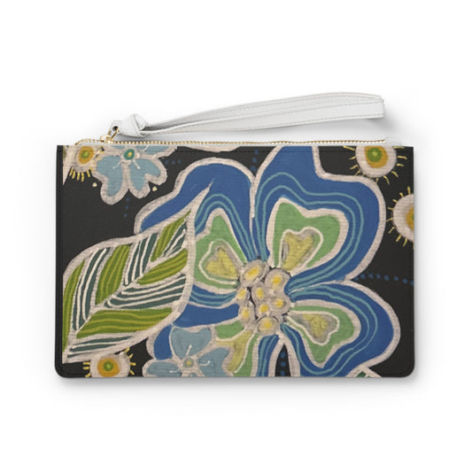Floral Wristlet Clutch — Blue & Green Hand-Painted Flower Design