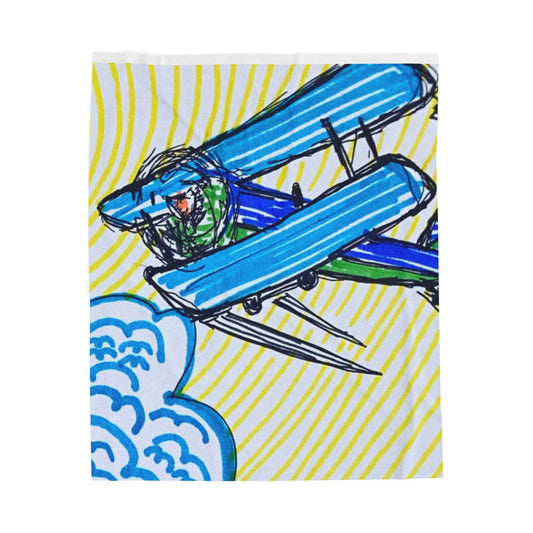 Velveteen Plush Blanket — Vintage Blue Biplane Kids Throw (Aviator Plane Design)
