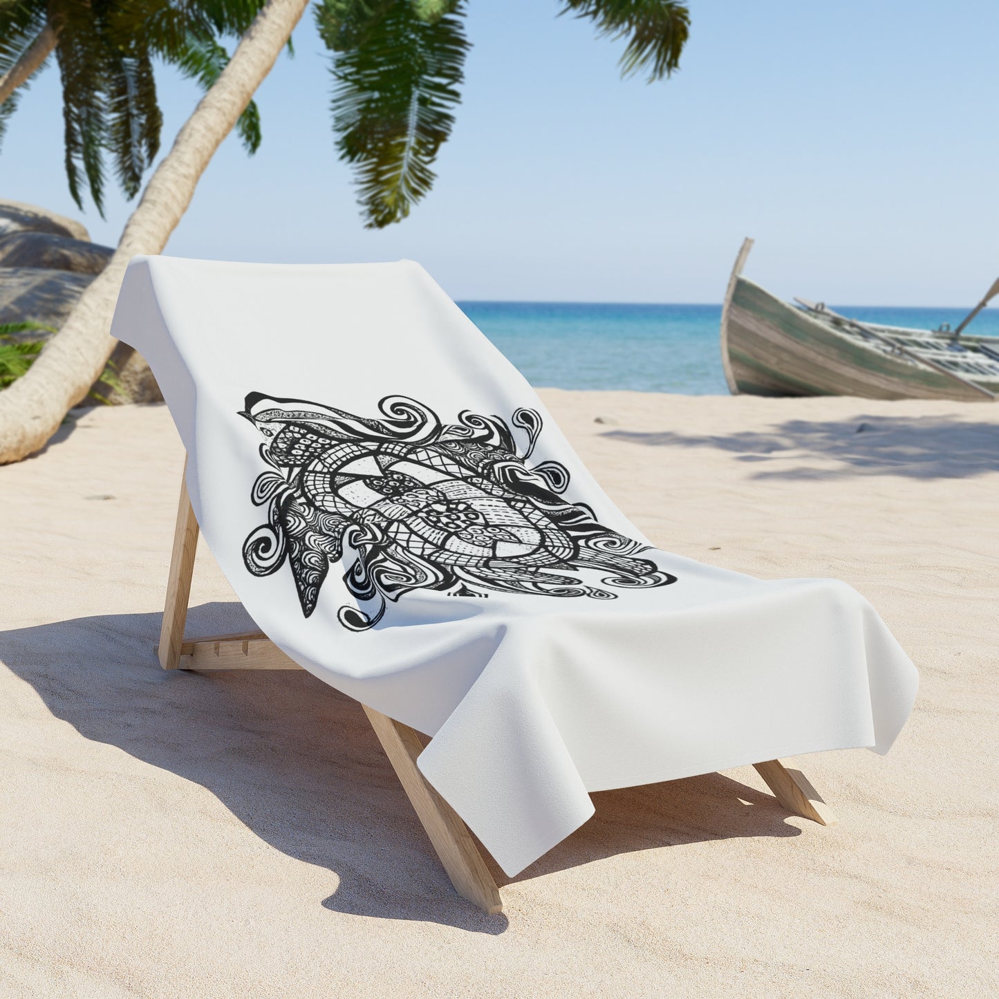 Ink Tide Turtle Doodle Beach Towel – Black & White Zentangle Sea Turtle Design