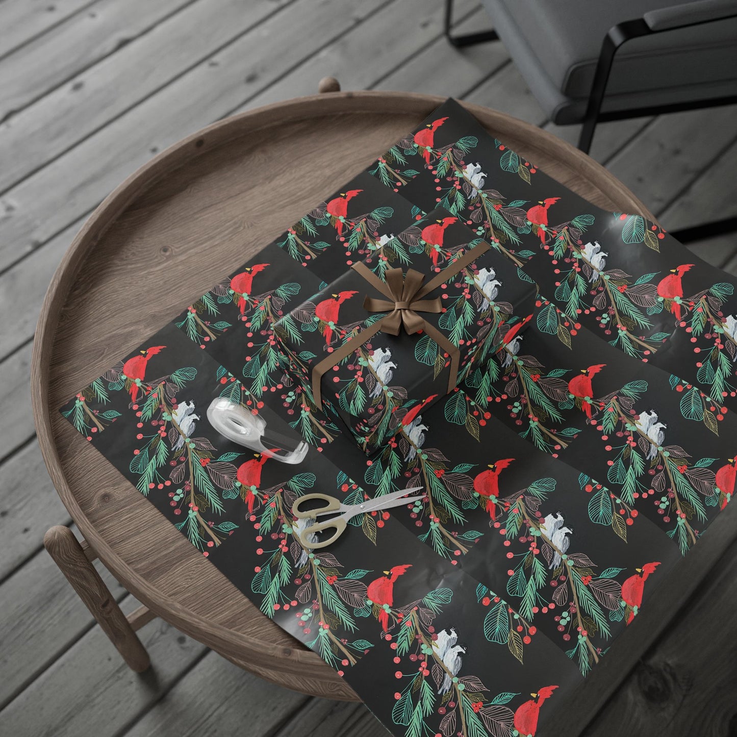 Holiday Cardinal & Chickadee Gift Wrap — Botanical Christmas Wrapping Paper