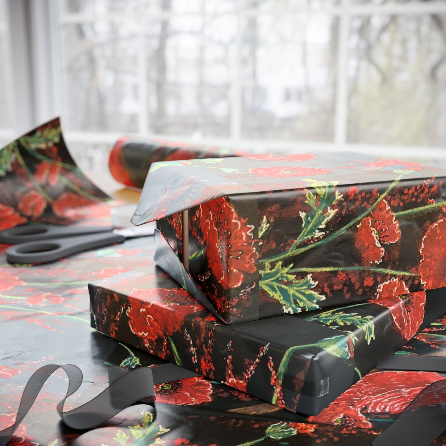Poppy Pattern Wrapping Paper — Red Poppies on Black Floral Gift Wrap