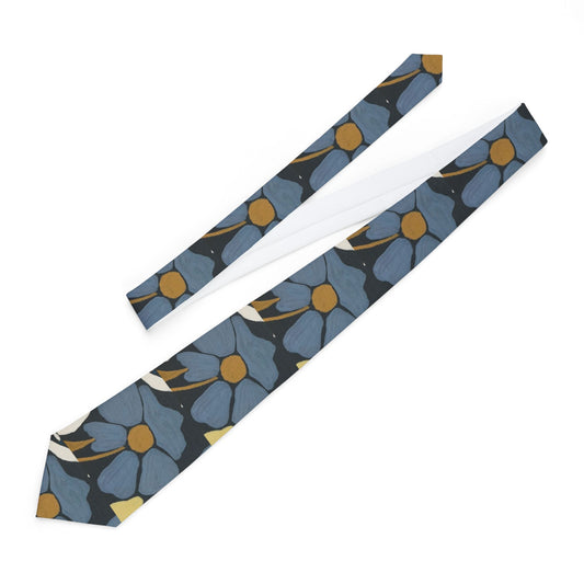Floral Blue Necktie – Retro Blue Daisy Pattern Tie for Men