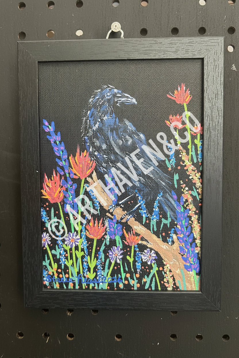 Dream Raven SOLD
5 x 7 Acrylic Painting on Black Canvas Board