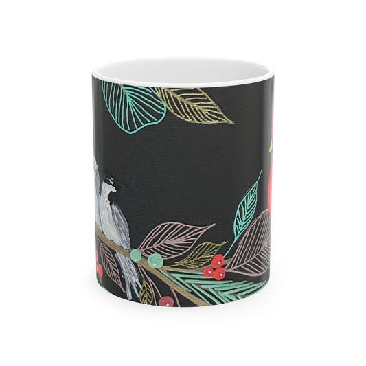 Botanical Bird Ceramic Mug — Black Floral Sparrow Coffee Cup (11oz & 15oz)