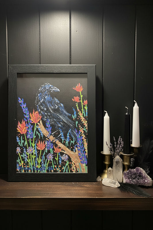 Dream Raven SOLD
5 x 7 Acrylic Painting on Black Canvas Board