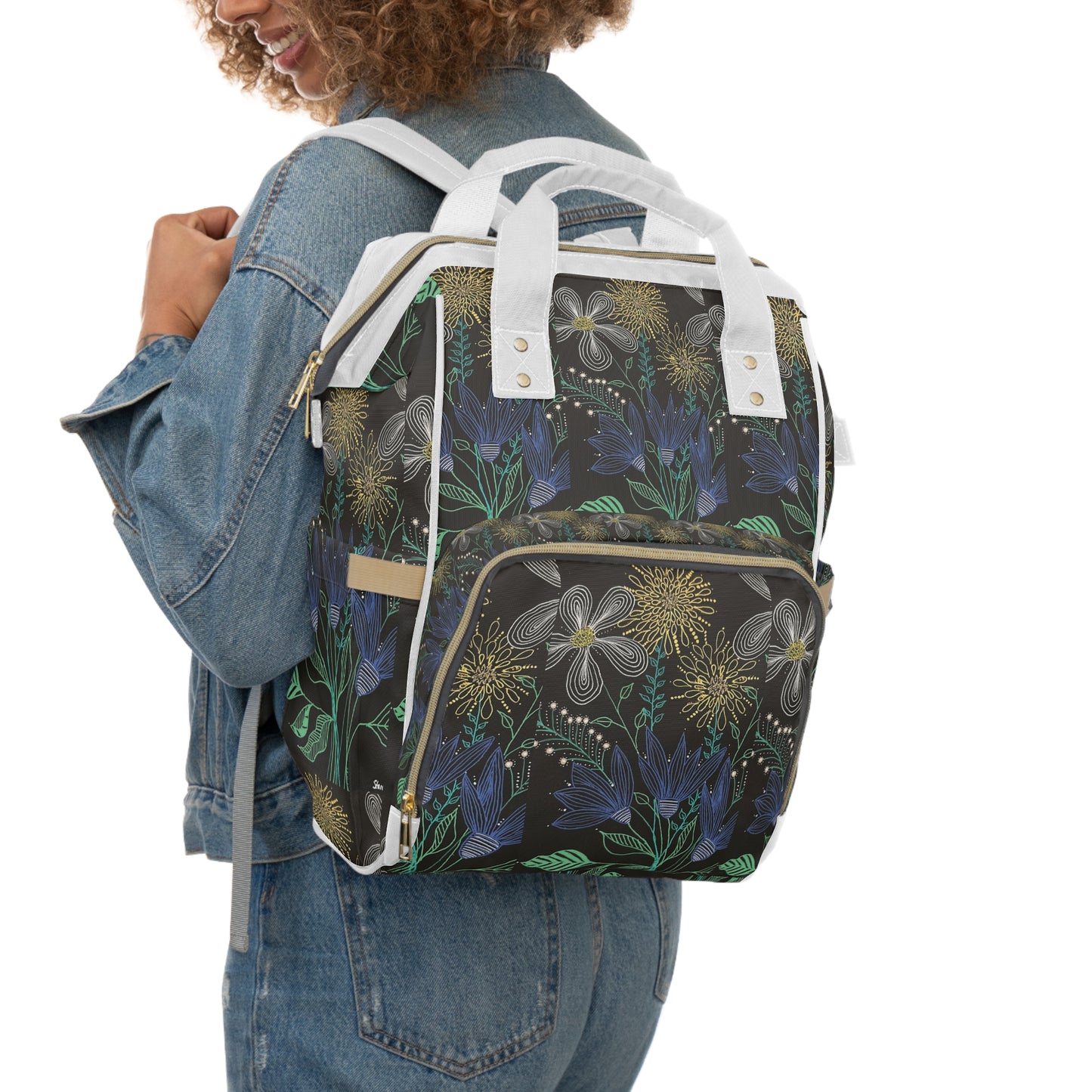 Floral Night Diaper Backpack — Multifunctional Baby Bag with Botanical Print