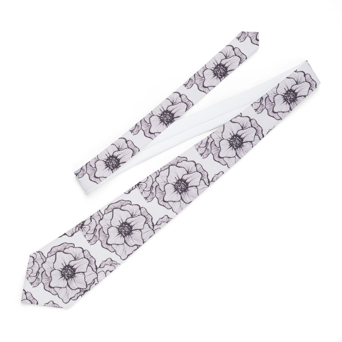 Floral Sketch Necktie — Black & White Poppy Pattern Men’s Tie for Weddings & Formal Wear