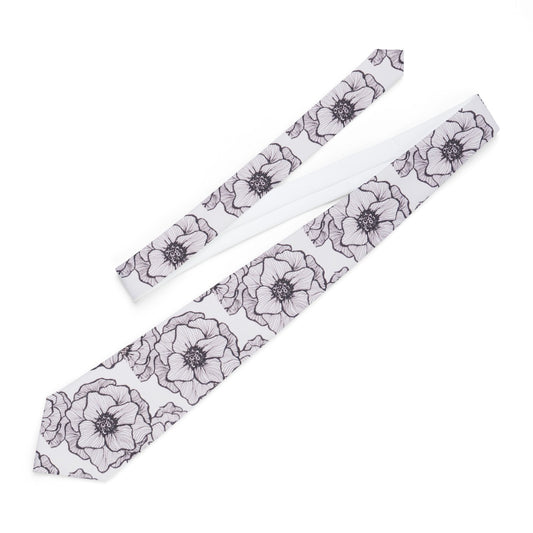 Floral Sketch Necktie — Black & White Poppy Pattern Men’s Tie for Weddings & Formal Wear