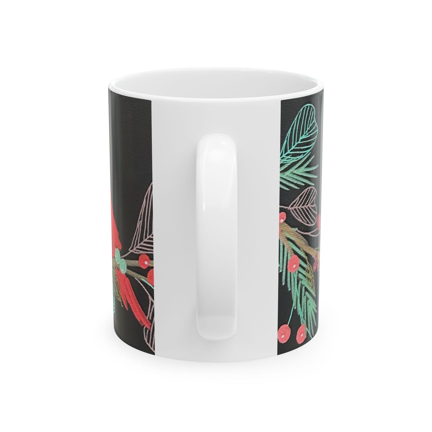 Botanical Bird Ceramic Mug — Black Floral Sparrow Coffee Cup (11oz & 15oz)