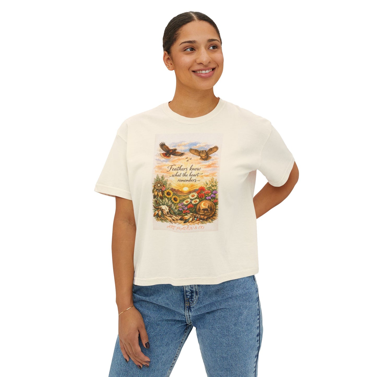 Native Tee — "Feathers Leave, Seeds of Love Remember" Women's Boxy Tee