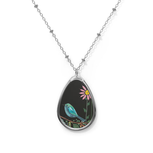 Oval Bird Pendant Necklace — Bluebird & Daisy Floral Teardrop Jewelry