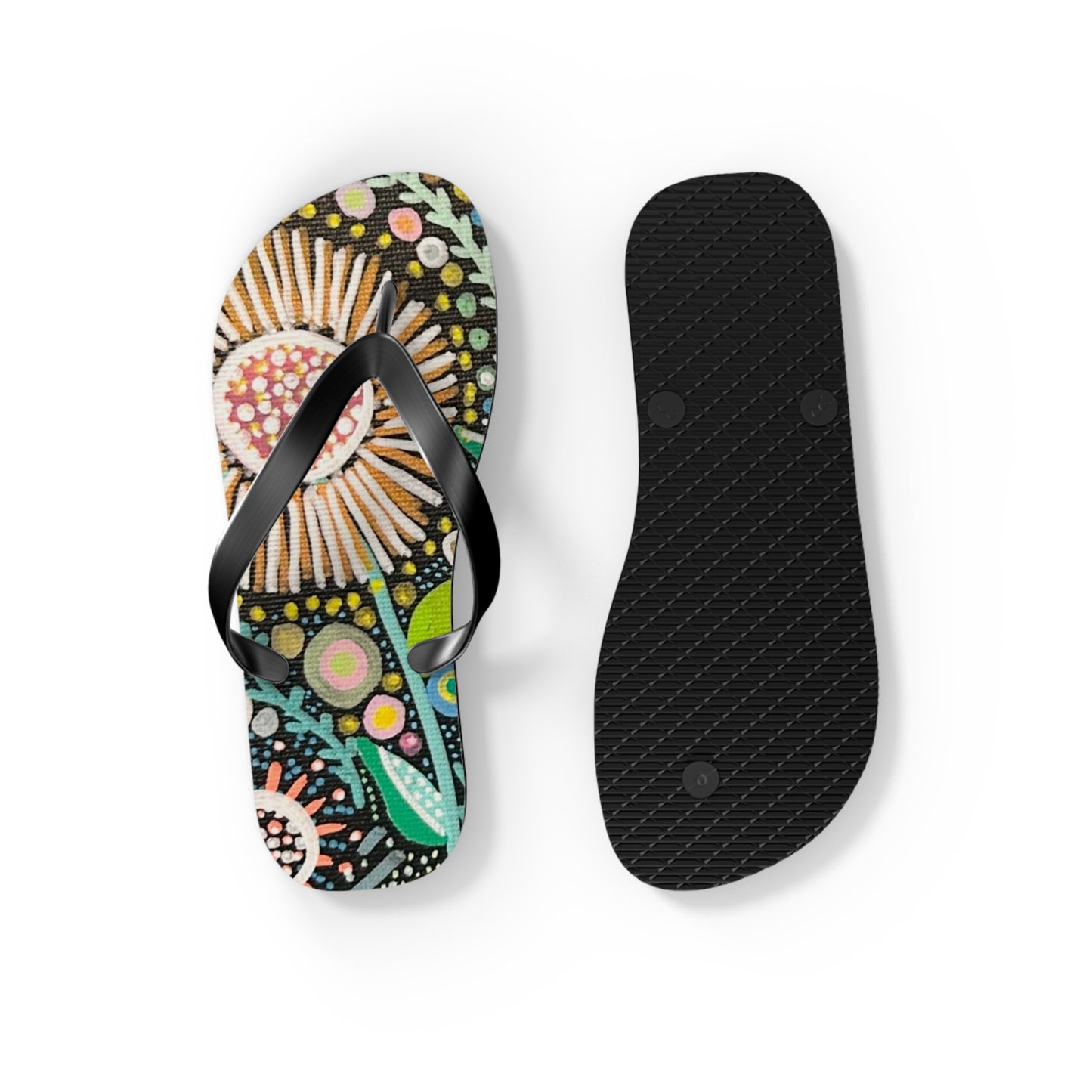 Dot Dot Bloom Flip Flops — Colorful Hand-Drawn Garden Sandals