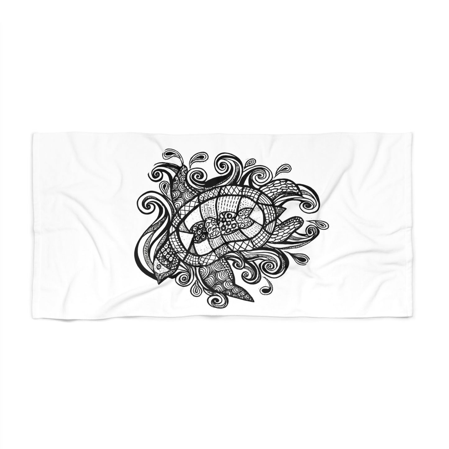 Ink Tide Turtle Doodle Beach Towel – Black & White Zentangle Sea Turtle Design