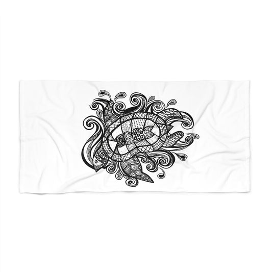 Ink Tide Turtle Doodle Beach Towel – Black & White Zentangle Sea Turtle Design