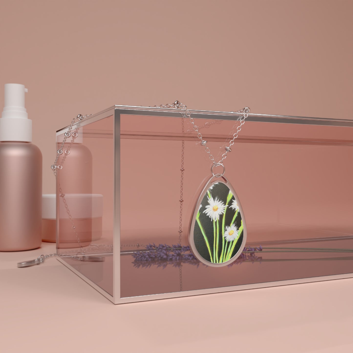 Daisy Oval Pendant Necklace — Silver Teardrop Floral Jewelry