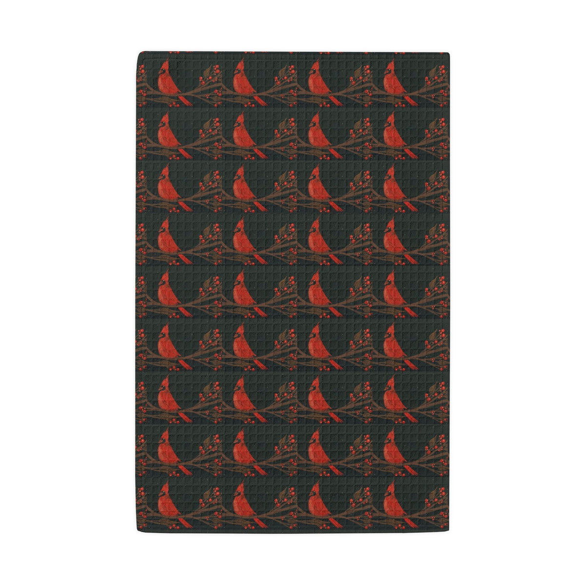 Cardinal Pattern Waffle-Weave Kitchen Towel — Red Bird Holiday Dish Towels