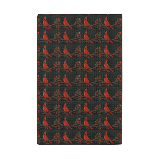 Cardinal Pattern Waffle-Weave Kitchen Towel — Red Bird Holiday Dish Towels