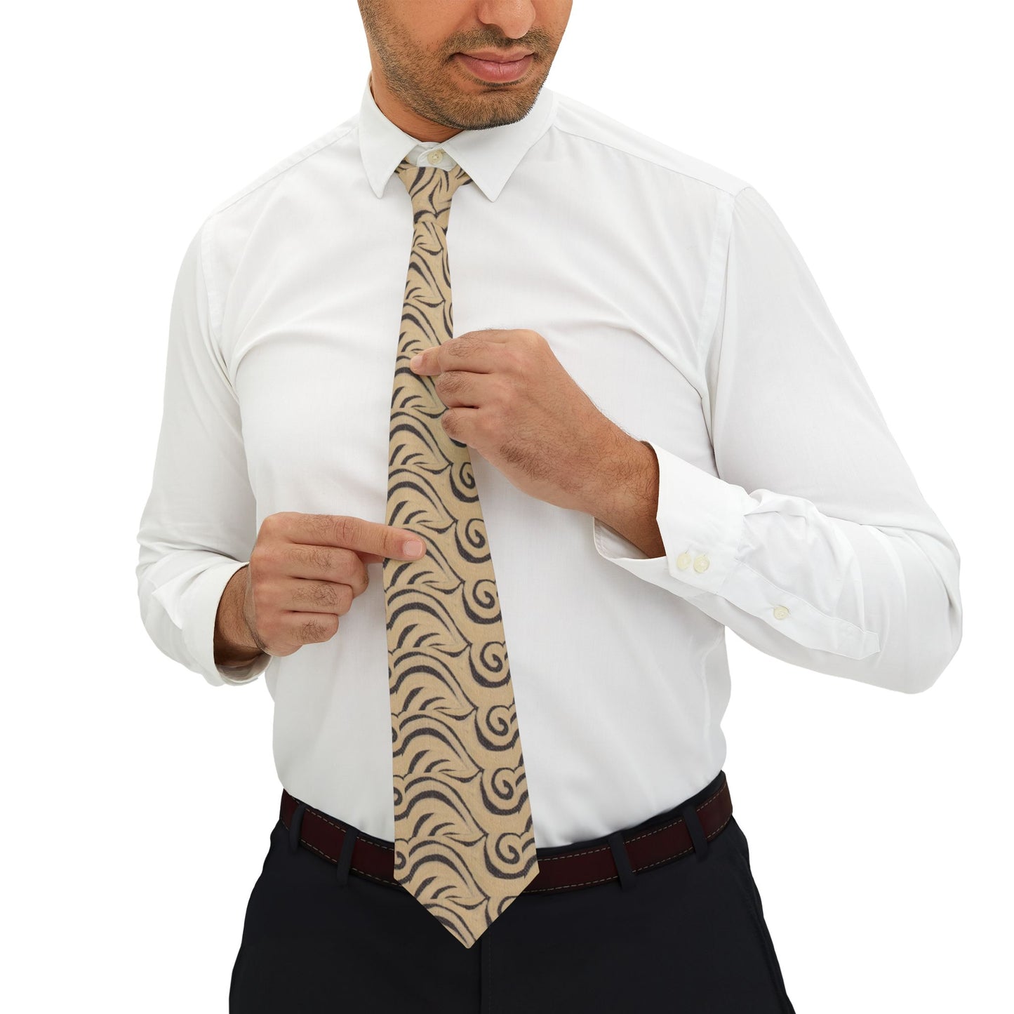 Beige Swirl Pattern Necktie – Vintage Floral Scroll Men's Tie