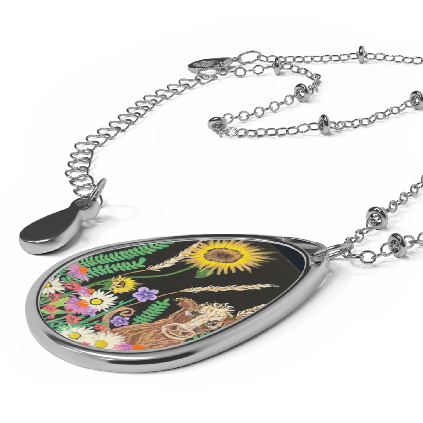 Sunflower Garden Oval Necklace — Floral Teardrop Pendant Jewelry