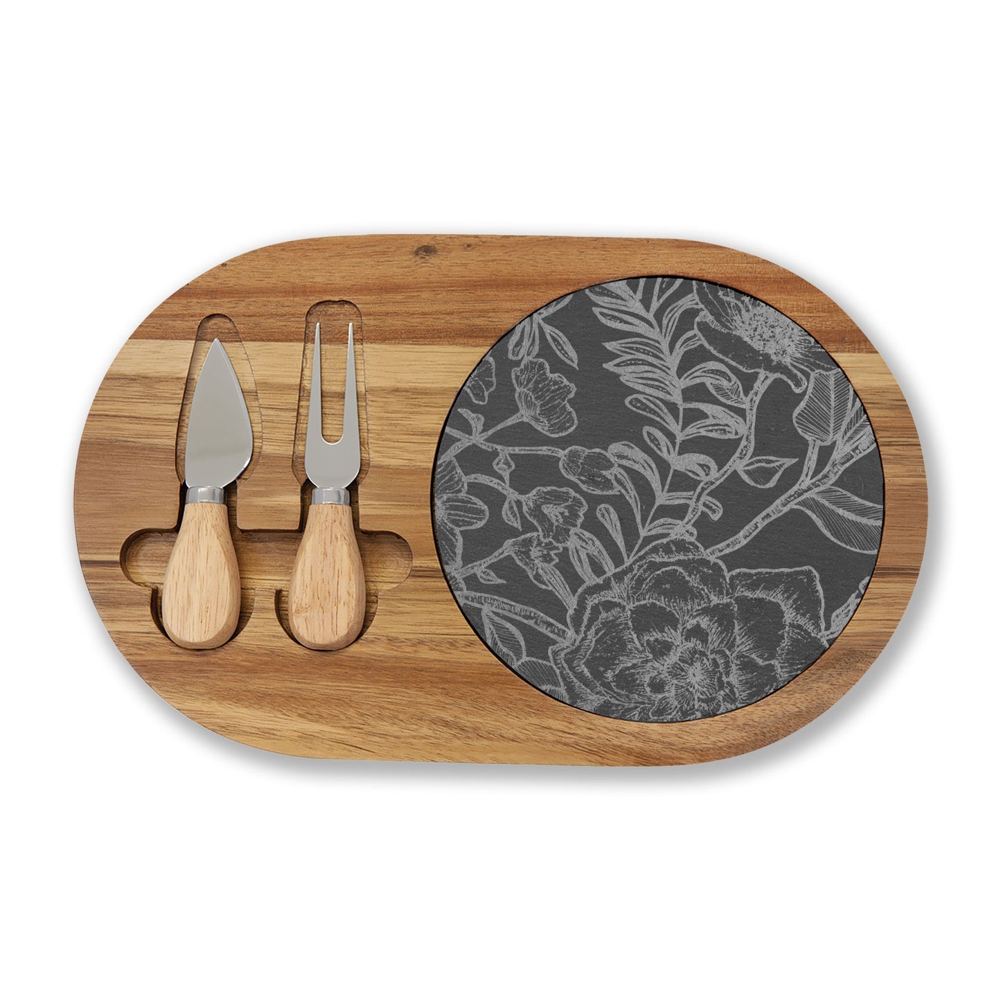 Engraved Acacia Charcuterie Board with Slate Insert & Cheese Knives