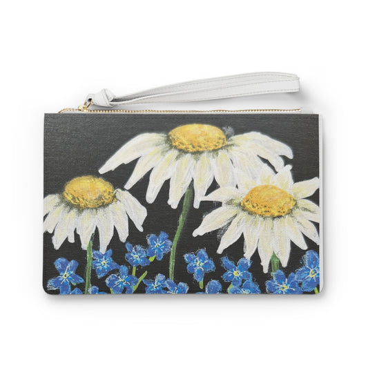 Daisy & Forget-Me-Not Floral Clutch Bag — Hand-Painted Meadow Wristlet