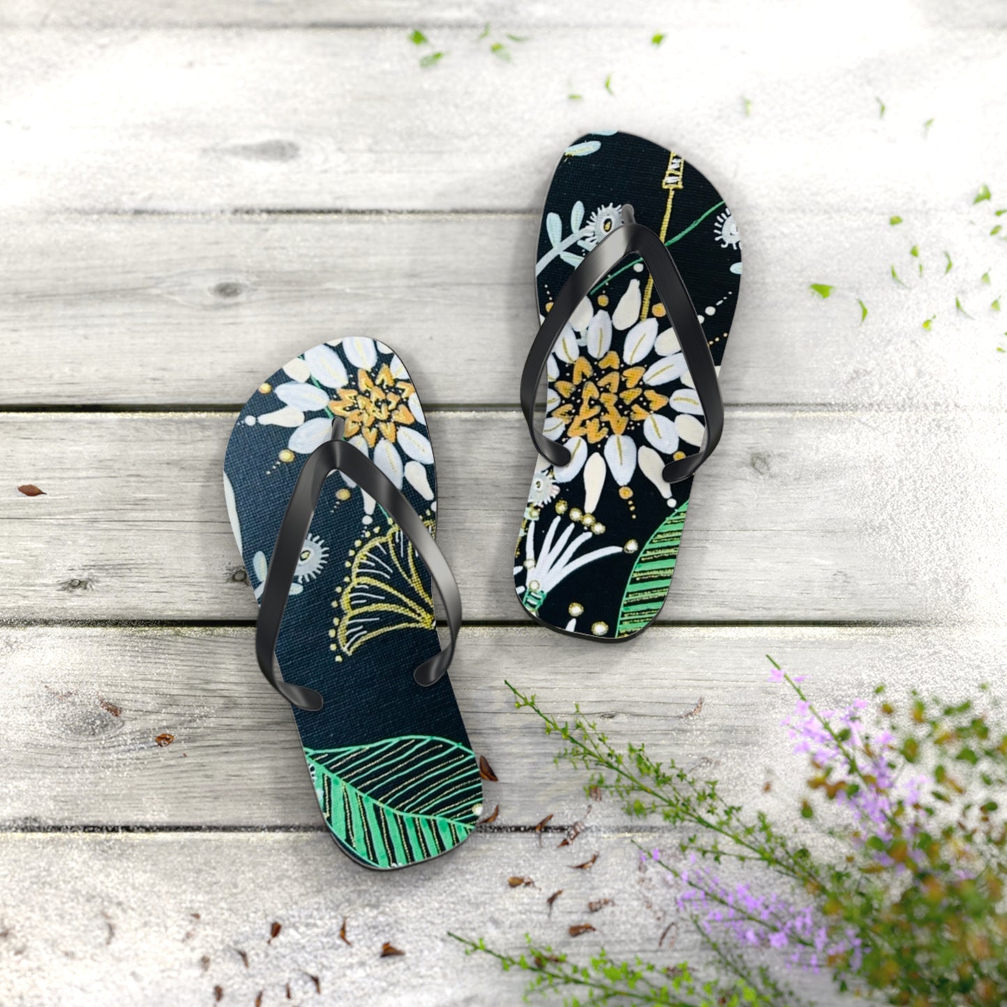 Golden Tangle Flip Flops —  Tropical Daisy Beach Sandals
