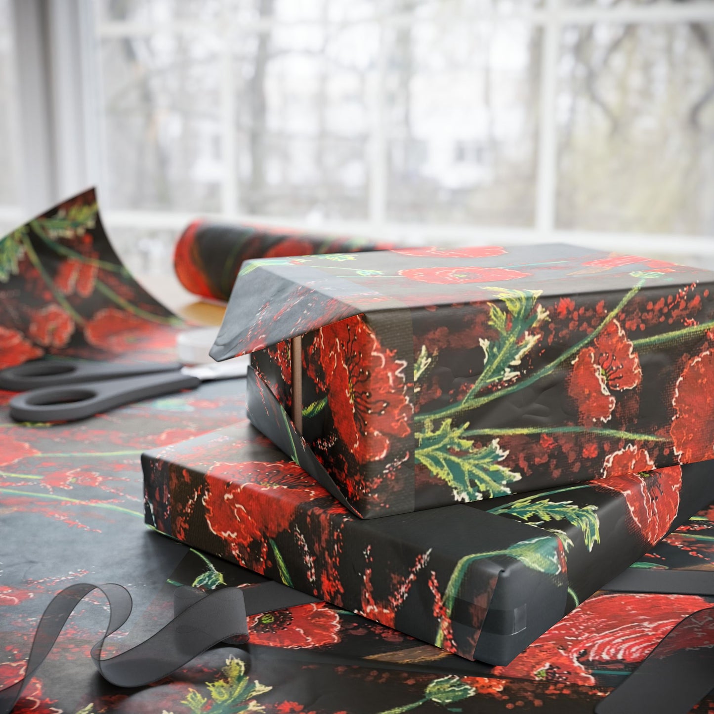 Poppy Pattern Wrapping Paper — Red Poppies on Black Floral Gift Wrap