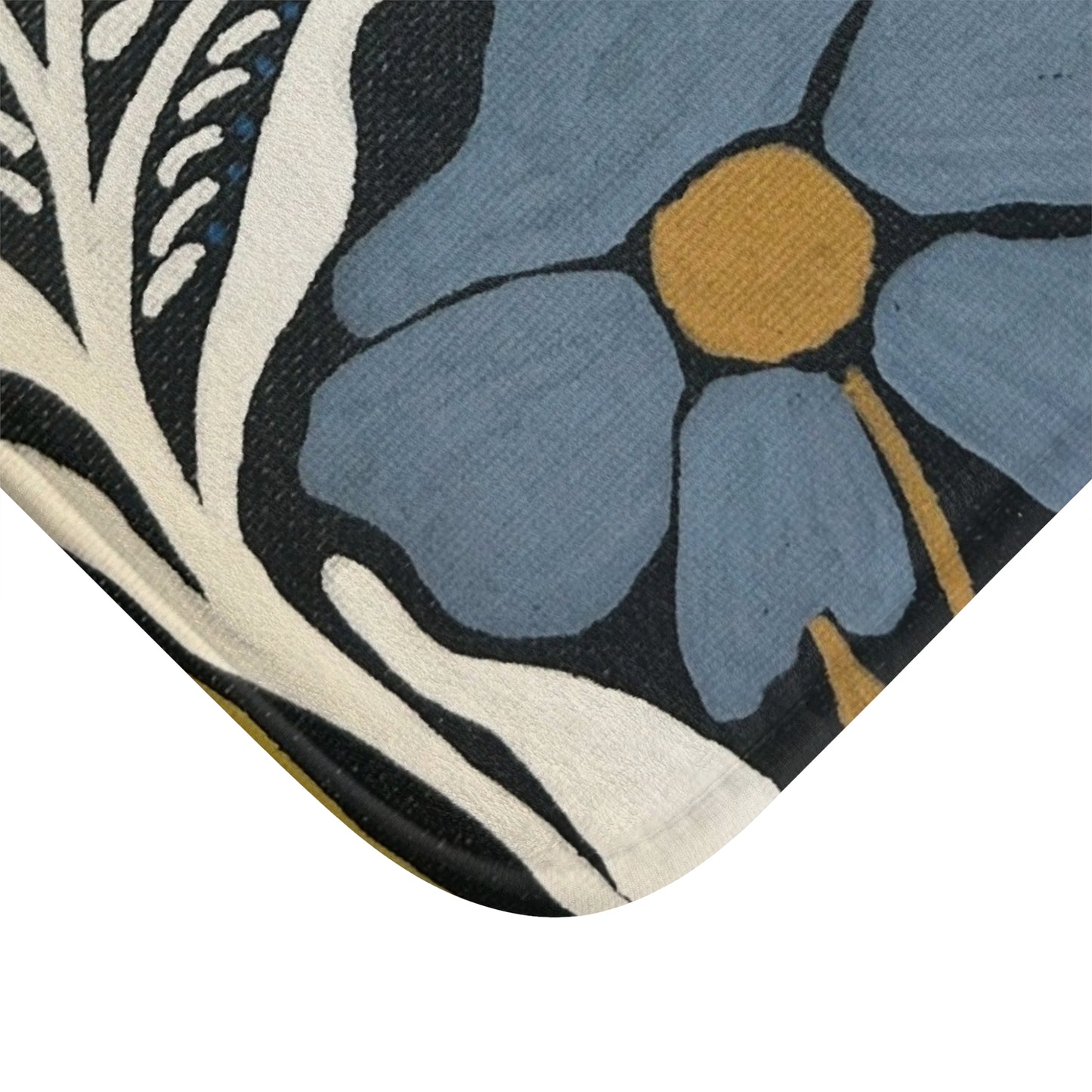 Floral Blue & Mustard Bath Mat — Vintage Botanical Bathroom Rug