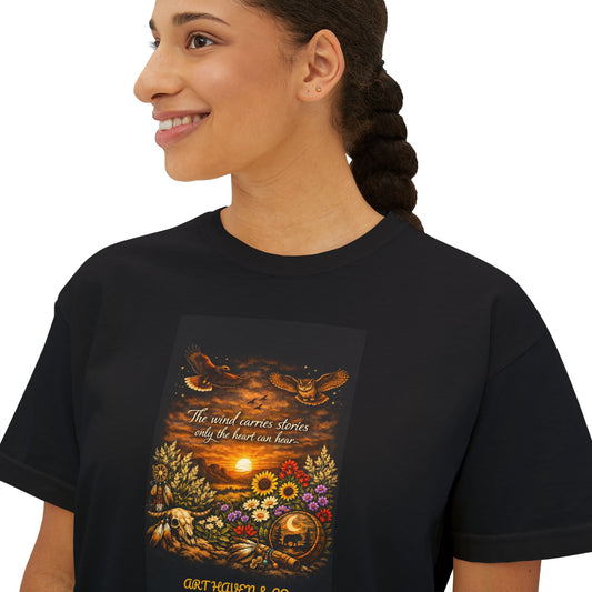 Autumn Sunset Floral Boxy Tee — Harvest Moon & Sunflower Graphic