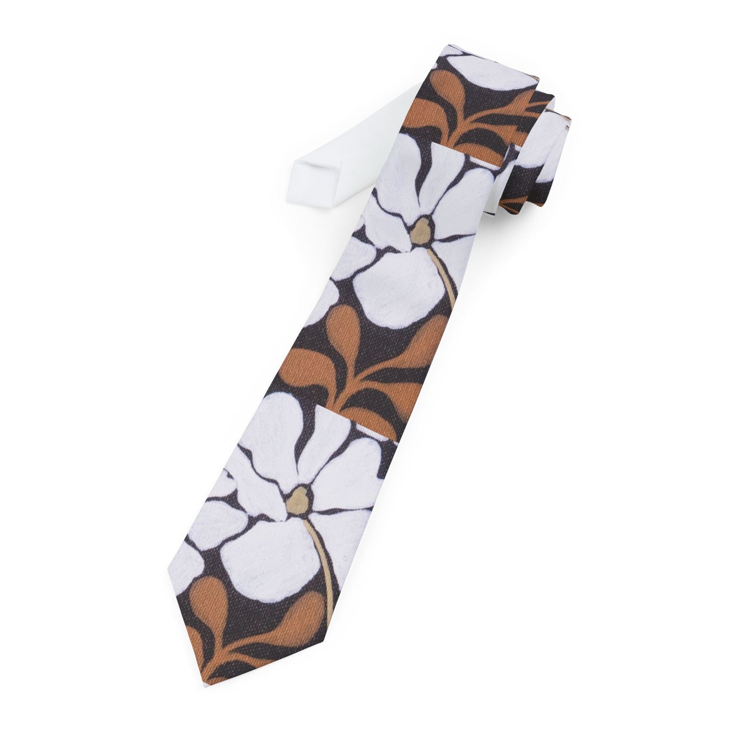 Floral Art Nouveau Necktie – White Magnolia Pattern on Brown Background