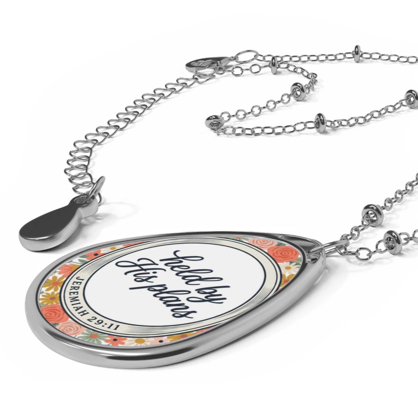 Oval Teardrop Necklace — "Held by His Plans" Inspirational Pendant
