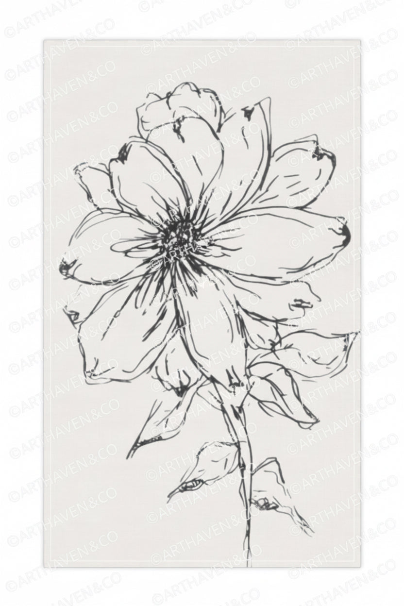 Quitetude floral Sketch Tea Towel — Hand-Drawn Black Line Flower Cotton Kitchen Towel