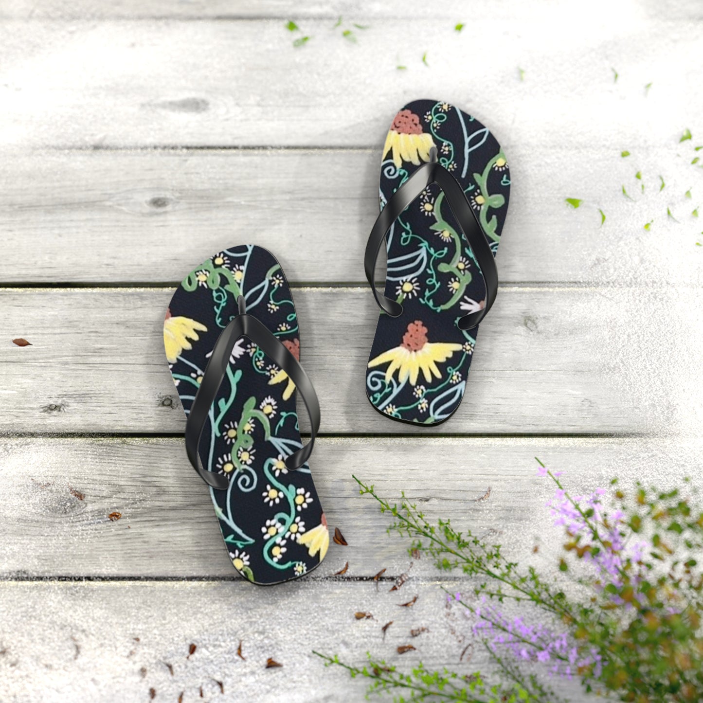 Floral Flip Flops – Dark Botanical Beach Sandals