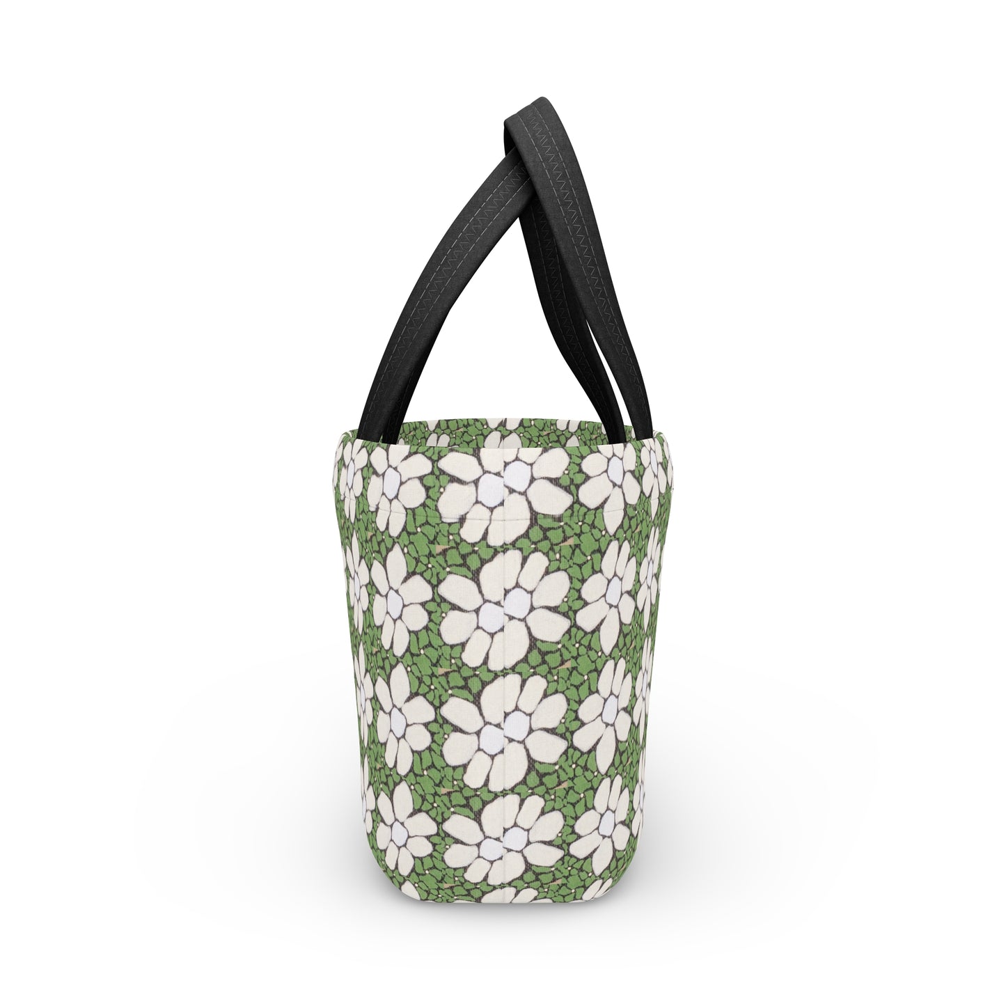 Floral Daisy Pattern Lunch Bag — Green White Retro Picnic Tote