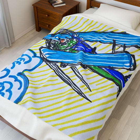 Velveteen Plush Blanket — Vintage Blue Biplane Kids Throw (Aviator Plane Design)