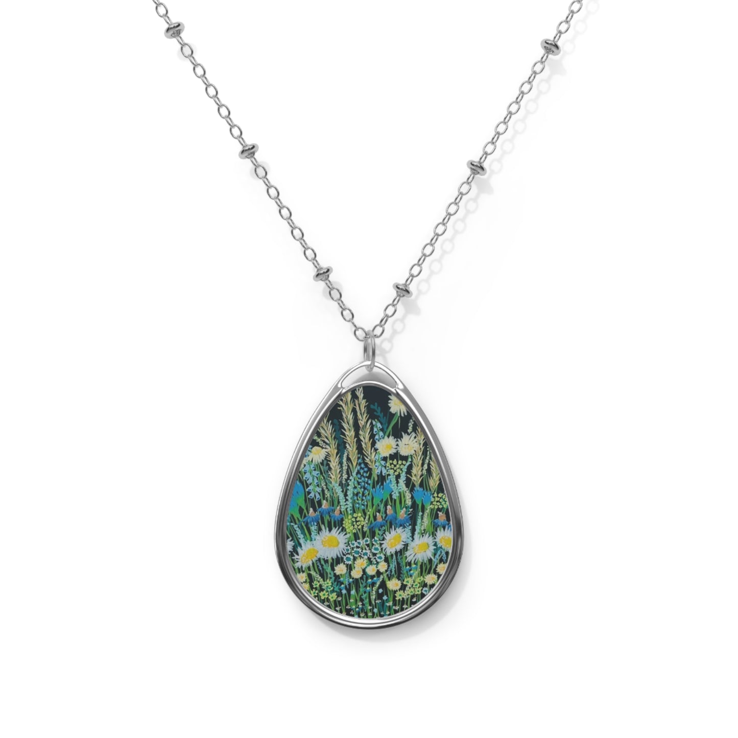 Blue hour bloom Oval Floral Pendant Necklace — Dainty Meadow Daisy Teardrop Jewelry